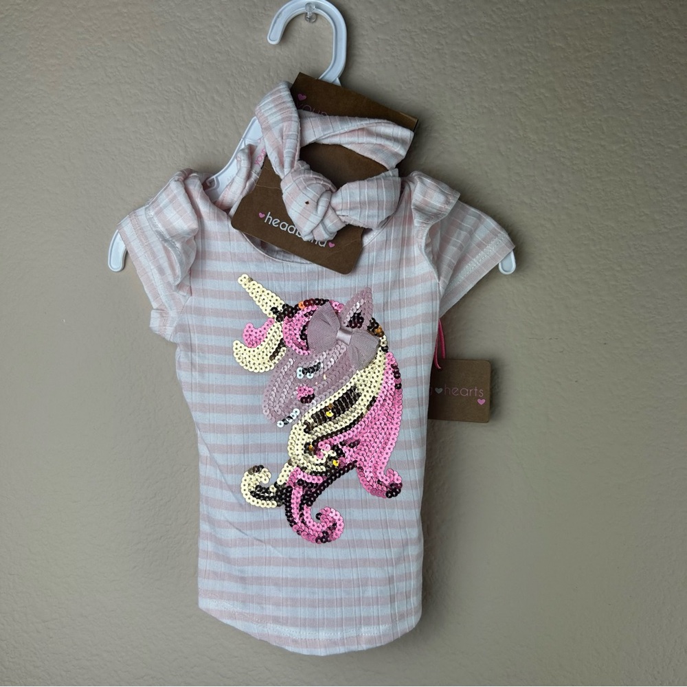 NWT Young Hearts Sequin Unicorn shirt with headband Sz 2T
